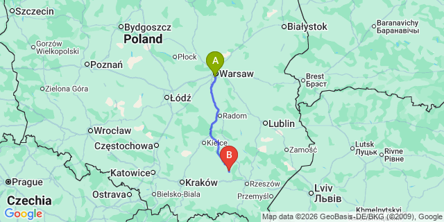 Map: Warsaw Chopin Airport (WAW) to Mielec