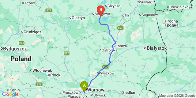 Map: Warsaw Chopin Airport (WAW) to Mikolajki