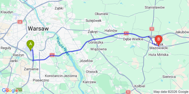 Map: Warsaw Chopin Airport (WAW) to Minsk Mazowiecki