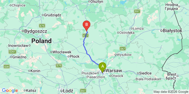 Map: Warsaw Chopin Airport (WAW) to Mlawa