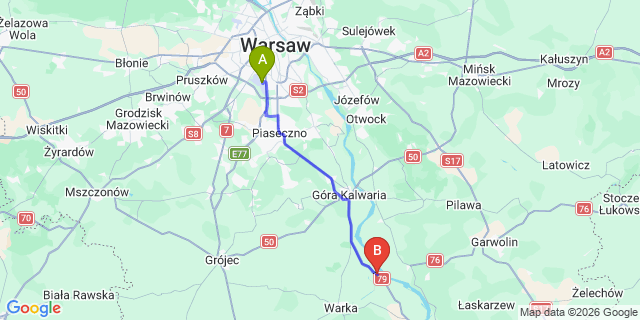 Map: Warsaw Chopin Airport (WAW) to Mniszew