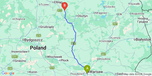 Map: Warsaw Chopin Airport (WAW) to Morag