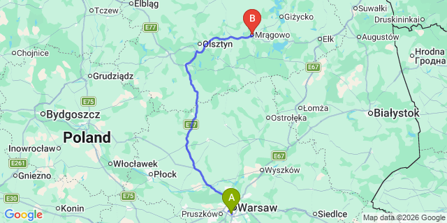 Map: Warsaw Chopin Airport (WAW) to Mragowo