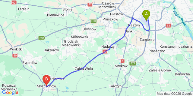 Map: Warsaw Chopin Airport (WAW) to Mszczonow