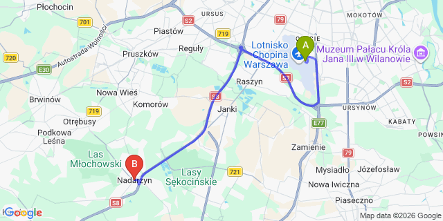 Map: Warsaw Chopin Airport (WAW) to Nadarzyn