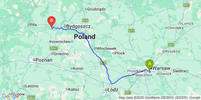 Map: Warsaw Chopin Airport (WAW) to Naklo