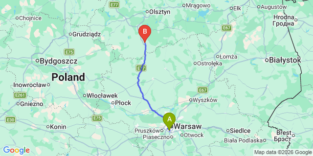 Map: Warsaw Chopin Airport (WAW) to Nidzica