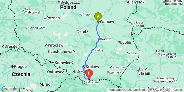 Map: Warsaw Chopin Airport (WAW) to Niedzica