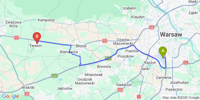 Map: Warsaw Chopin Airport (WAW) to Niepokalanow