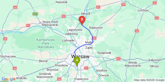 Map: Warsaw Chopin Airport (WAW) to Nieporet