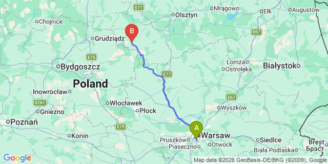 Map: Warsaw Chopin Airport (WAW) to Nowe Miasto Lubawskie
