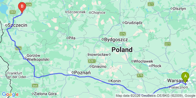 Map: Warsaw Chopin Airport (WAW) to Nowogard