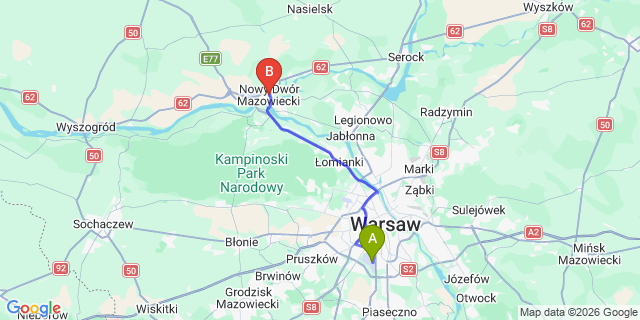 Map: Warsaw Chopin Airport (WAW) to Nowy Dwor Mazowiecki