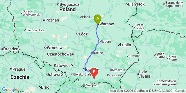 Map: Warsaw Chopin Airport (WAW) to Nowy Sacz
