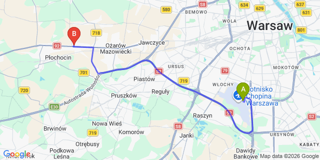 Map: Warsaw Chopin Airport (WAW) to Ołtarzew