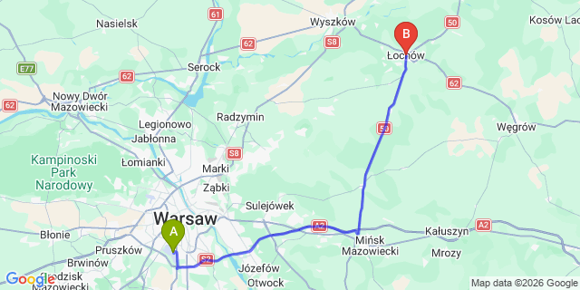 Map: Warsaw Chopin Airport (WAW) to Ochów