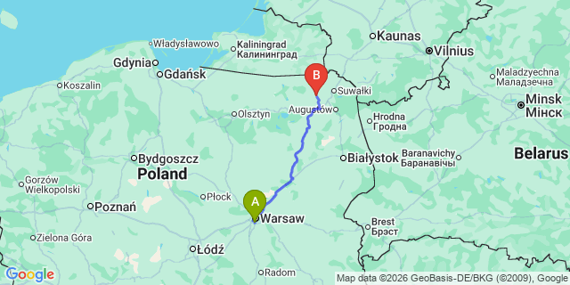 Map: Warsaw Chopin Airport (WAW) to Olecko