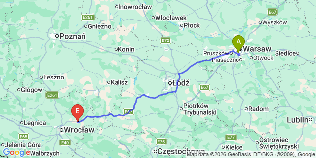Map: Warsaw Chopin Airport (WAW) to Olesnica