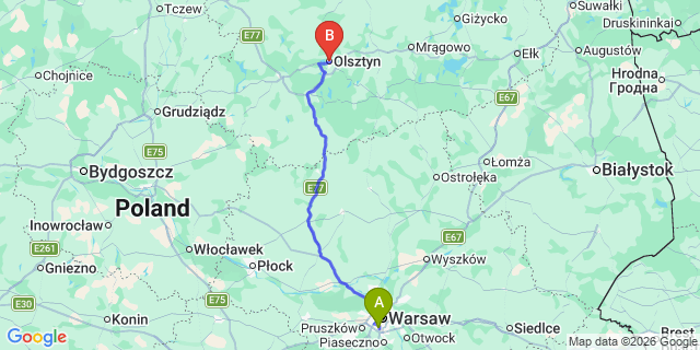 Map: Warsaw Chopin Airport (WAW) to Olsztyn