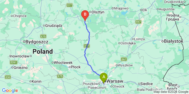 Map: Warsaw Chopin Airport (WAW) to Olsztynek