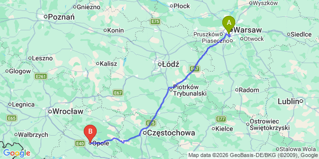 Map: Warsaw Chopin Airport (WAW) to Opole