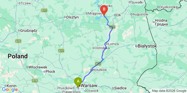 Map: Warsaw Chopin Airport (WAW) to Orzysz