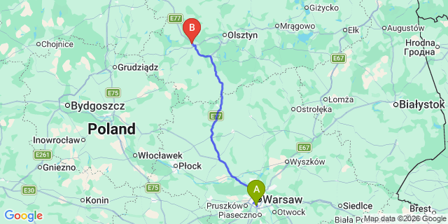 Map: Warsaw Chopin Airport (WAW) to Ostroda