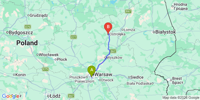 Map: Warsaw Chopin Airport (WAW) to Ostroleka