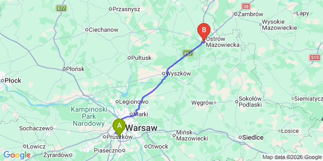 Map: Warsaw Chopin Airport (WAW) to Ostrow Mazowiecka