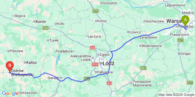 Map: Warsaw Chopin Airport (WAW) to Ostrow Wielkopolski