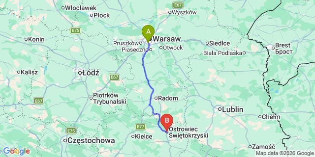 Map: Warsaw Chopin Airport (WAW) to Ostrowiec Swietokrzyski