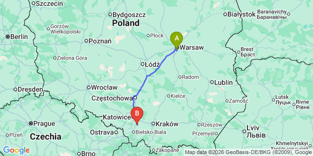 Map: Warsaw Chopin Airport (WAW) to Oswiecim