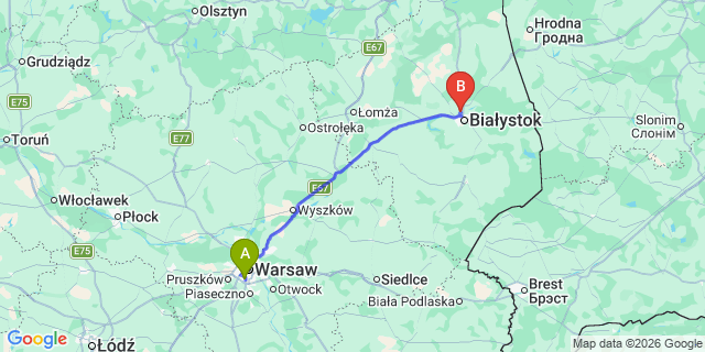 Map: Warsaw Chopin Airport (WAW) to Owicz
