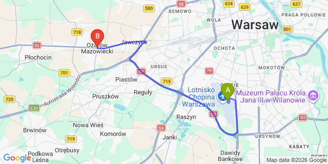 Map: Warsaw Chopin Airport (WAW) to Ozarow Mazowiecki
