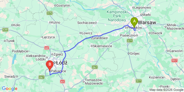 Map: Warsaw Chopin Airport (WAW) to Pabianice