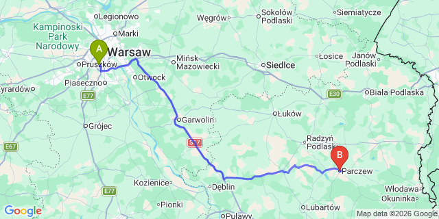 Map: Warsaw Chopin Airport (WAW) to Parczew