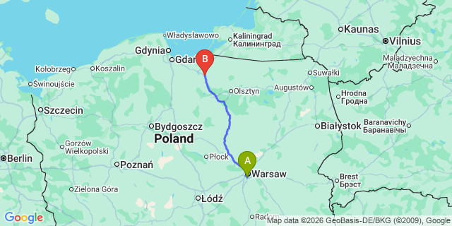 Map: Warsaw Chopin Airport (WAW) to Paslek
