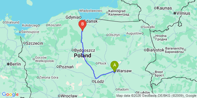 Map: Warsaw Chopin Airport (WAW) to Pelpin