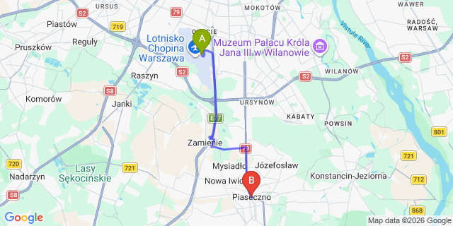 Map: Warsaw Chopin Airport (WAW) to Piaseczno