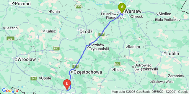 Map: Warsaw Chopin Airport (WAW) to Piekary Slaskie