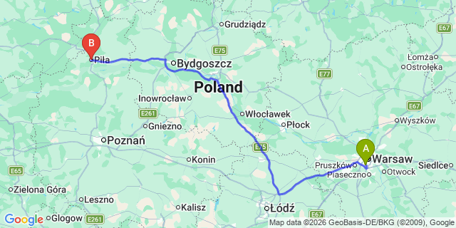 Map: Warsaw Chopin Airport (WAW) to Pila