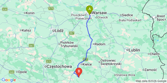 Map: Warsaw Chopin Airport (WAW) to Pinczow