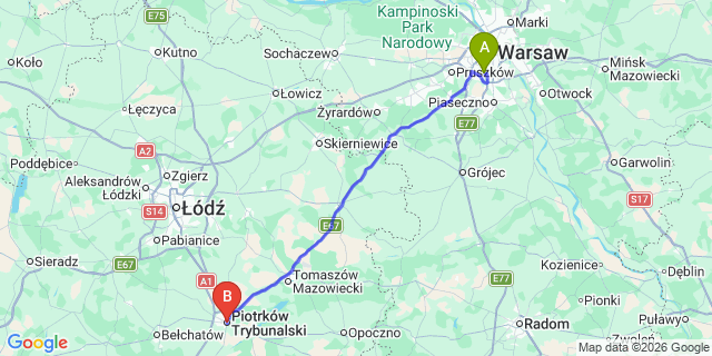 Map: Warsaw Chopin Airport (WAW) to Piotrkow Trybunalski