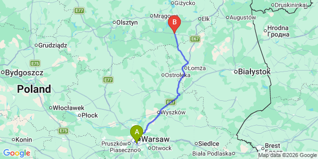 Map: Warsaw Chopin Airport (WAW) to Pisz