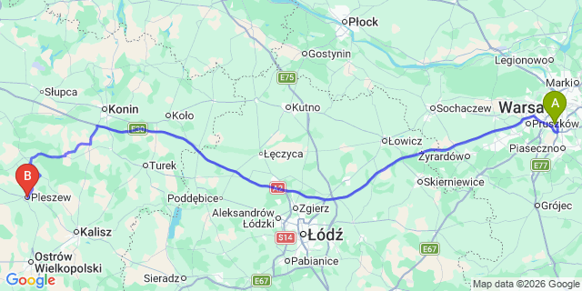 Map: Warsaw Chopin Airport (WAW) to Pleszew