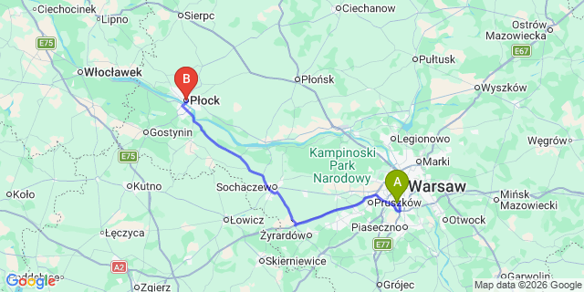 Map: Warsaw Chopin Airport (WAW) to Plock