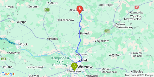 Map: Warsaw Chopin Airport (WAW) to Ploniawy