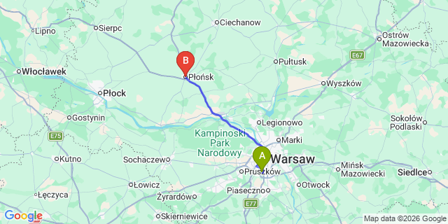 Map: Warsaw Chopin Airport (WAW) to Plonsk