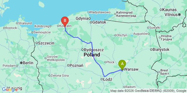 Map: Warsaw Chopin Airport (WAW) to Polanow