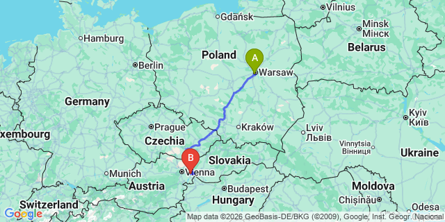 Map: Warsaw Chopin Airport (WAW) to Poznan